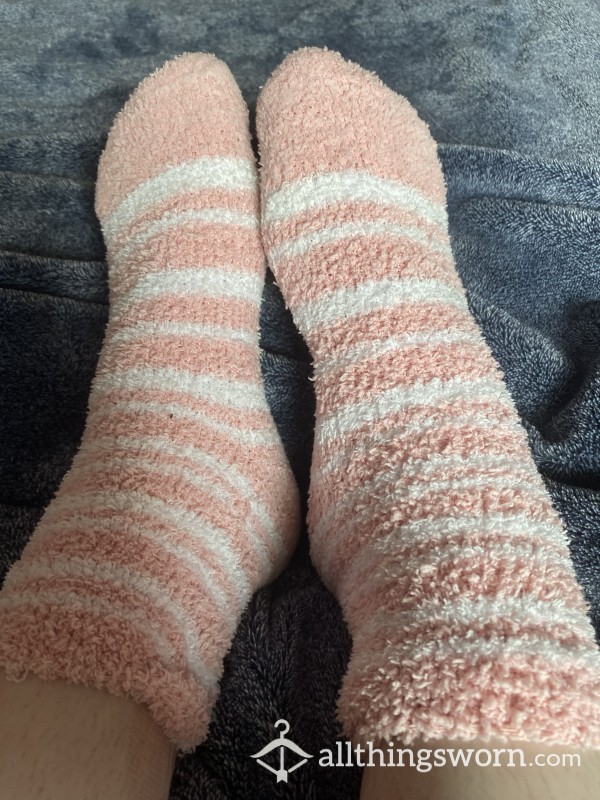 Pink And White Striped Fuzzy Socks