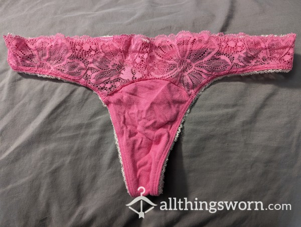 Pink Cotton And Lace Thong
