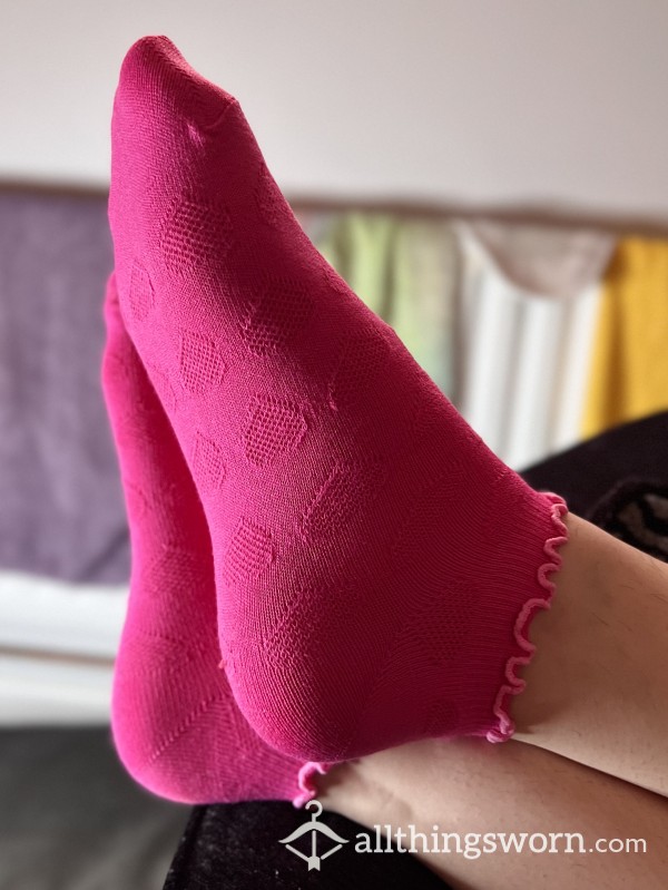 Pink Cotton Ankle Socks With Pink Heart Detail And Frill- Free Uk Shipping