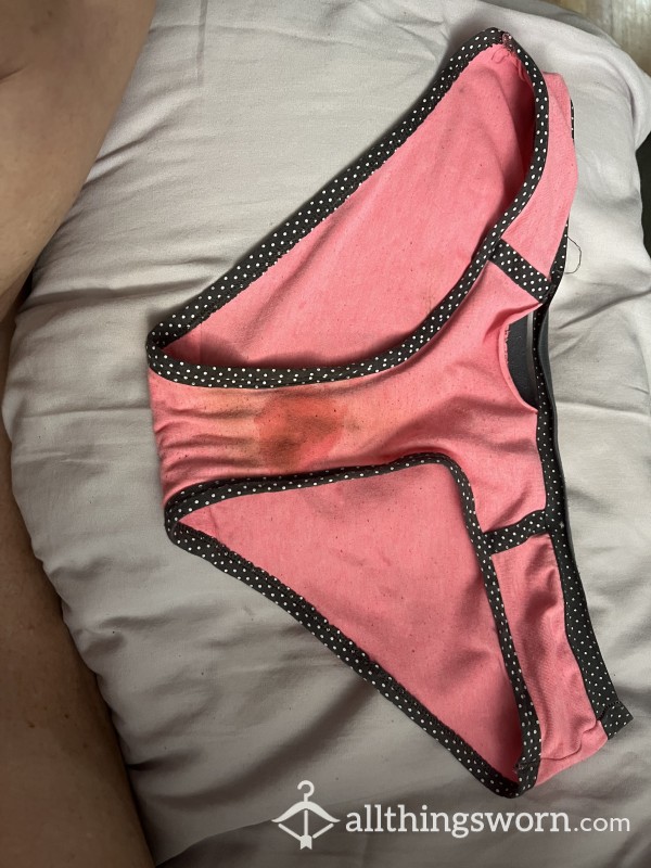 Pink, Cotton Well-worn-WET💦🤸🏼‍♀️With CUM And Sweat. I’m EXTRA Slimy Today.ripped And Stained From Over Wearing.  Get ‘em While They’re Hot 🥵