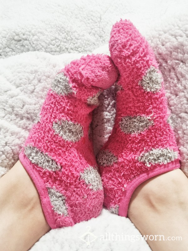 Pink Fluffy Slip On Socks Grip Sole