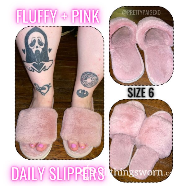 💕 Pink Fuzzy Slippers 👣 Worn Daily, Size 6