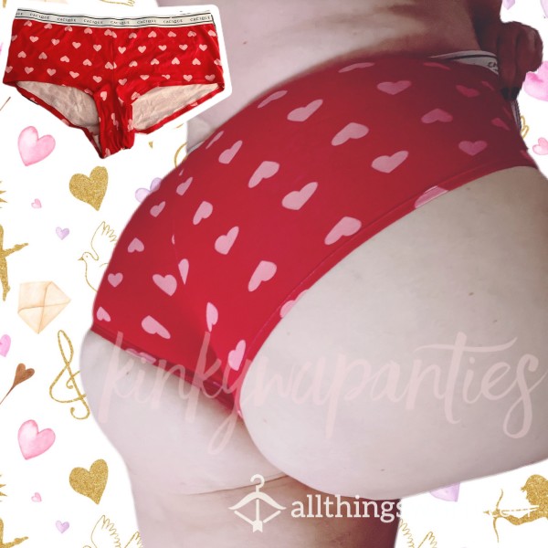 Pink Hearts On Red Cotton Boyshorts - Includes 48-hour Wear & U.S. Shipping