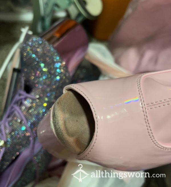 💖ON SALE 💖Pink Holographic Pvc Thigh High Heel Boots With Toe & Foot Prints With FREE USA Shipping