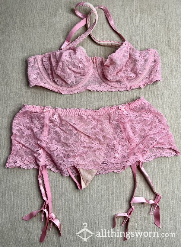 Pink Lace And Nude VS Bra And Garter With G String Set