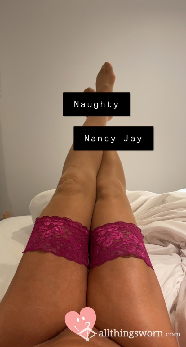 Pink Lace Hold Ups With Nude Nylon. Ripped During Sex Session