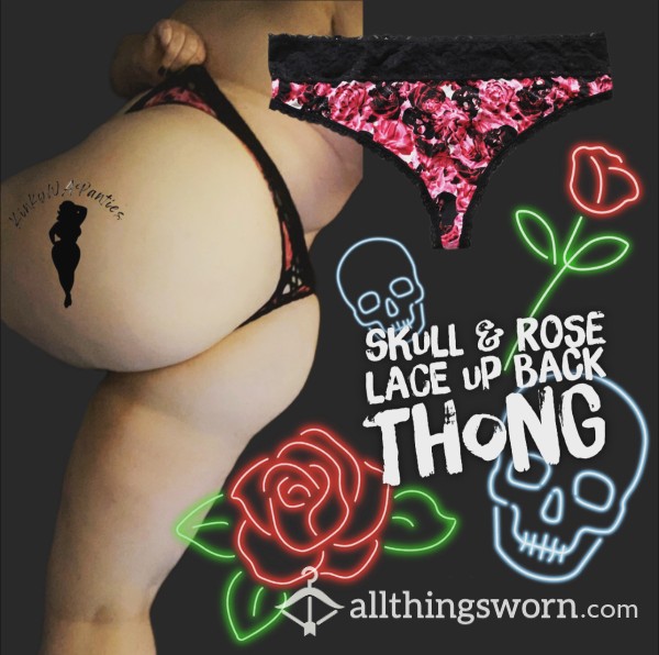 Pink 💀 & 🌹 Lace-Up Back Thong - Includes 48-hour Wear & U.S. Shipping