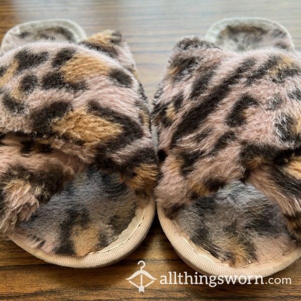 Pink Leopard Print House Slippers - Size 6