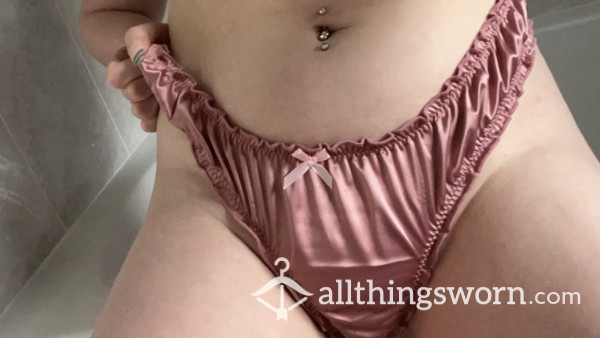 Pink Silky Satin Front Lace Back Thong Panties Used