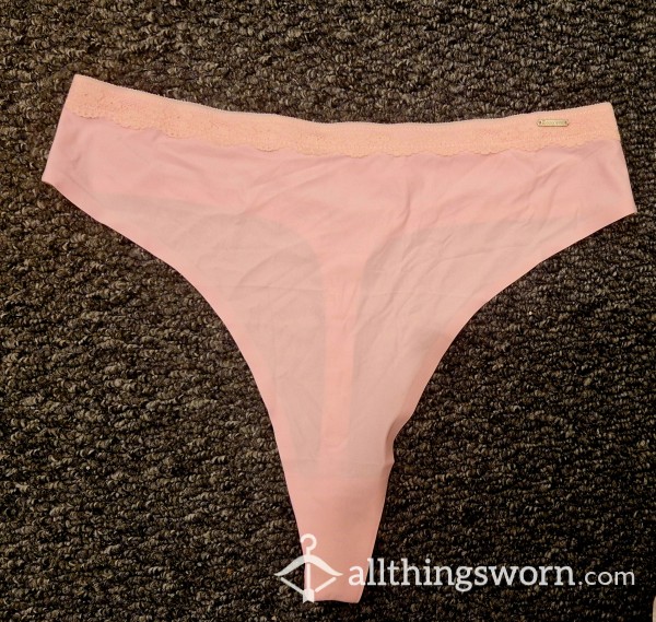 Pink Silky Thong With Lace Detail 😍