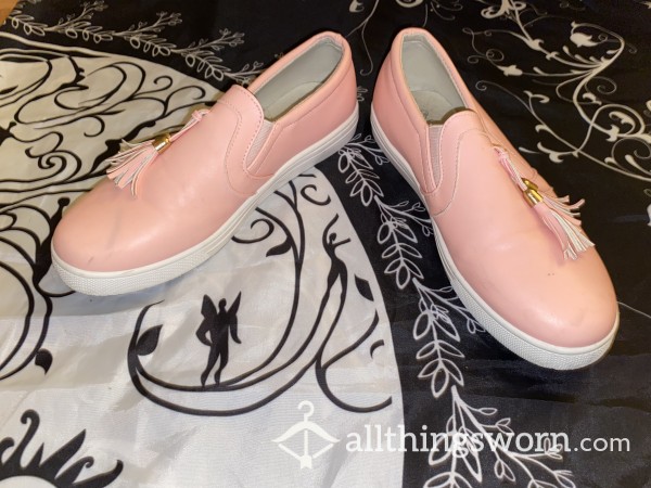 Pink Slip On Faux Leather Loafers With Tassle