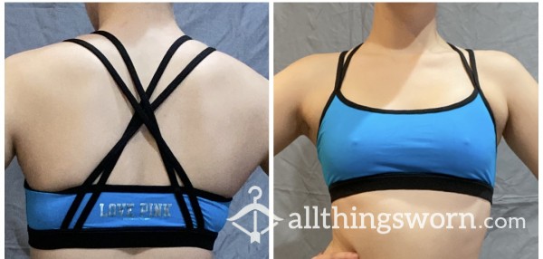 “PINK” Strappy Black And Blue Sports Bra