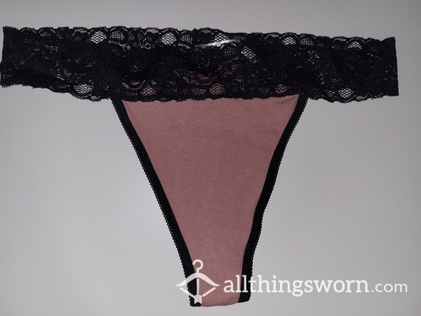 Pink Thong With Black Lace Waistband