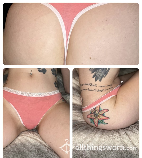 Pink Thong With White Lace Trim
