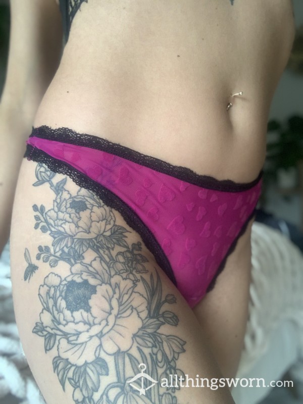 *SOLD* Pink Velvet Hearts With Black Lace Thong,