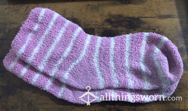 Pink & White Striped Fuzzy Socks - Includes US Shipping