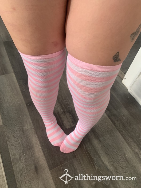 Pink & White Striped Knee High Socks 💋