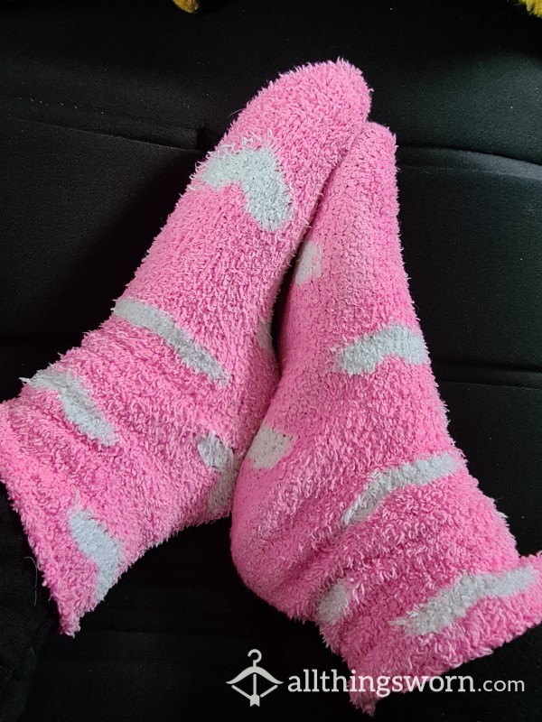 Pink With White Heart Fluffy Bedtime Socks