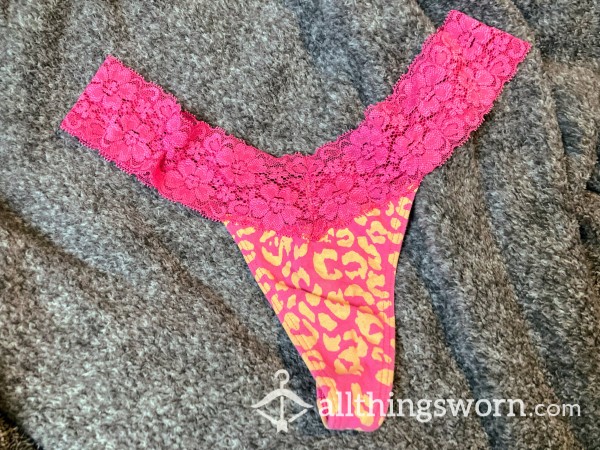 Pink& Yellow Leopard Print Thong. Lace With Cotton Gusset