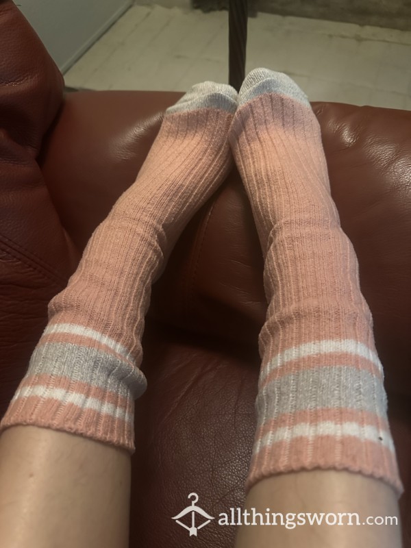Plush Pink Crew Socks With Stripes