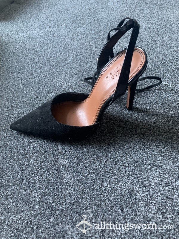 Pointed Closed-toe Black Suede Heels With Strap Ankle Detail