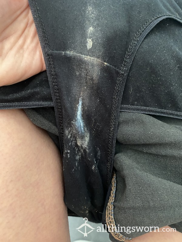 Pre Worn Full Black Cotton Panties.  Extremely Messy. 48 Hour Wear