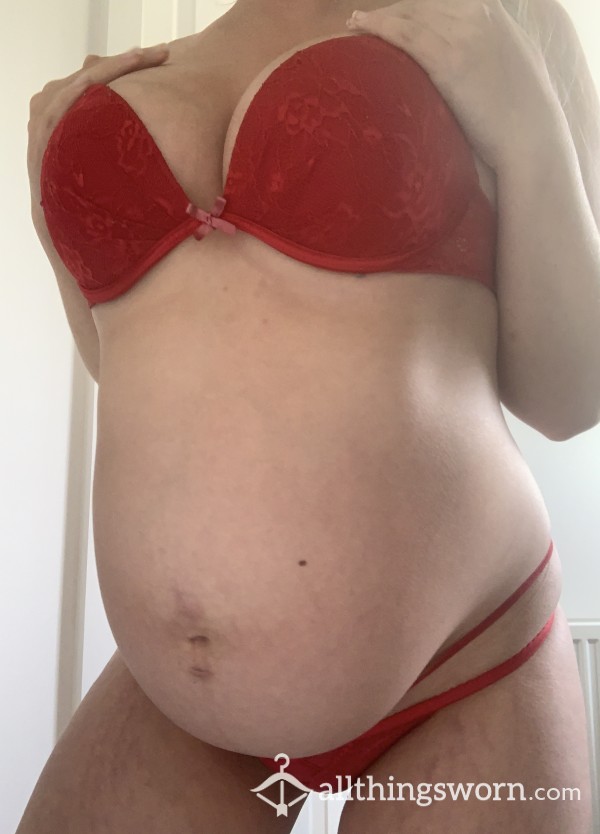 Pregnant Worn Red Lace Bra And Lace Gstring 💋 🥵