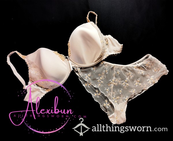 Mary Jo Pretty Cream And Peach Bra And Panty Set - International Shipping Included!