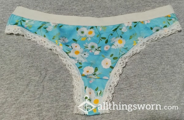 Dainty Blue Floral Thong Panty, Worn Just For You
