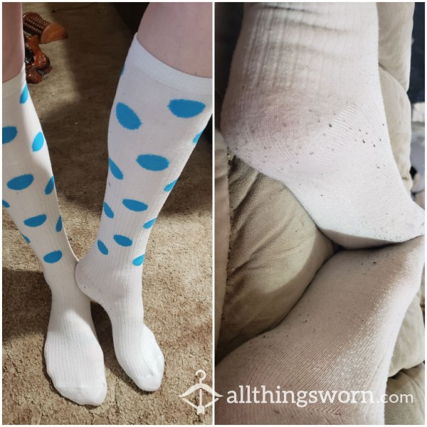 Pretty Worn White, Blue Polka Dot Knee High Socks.