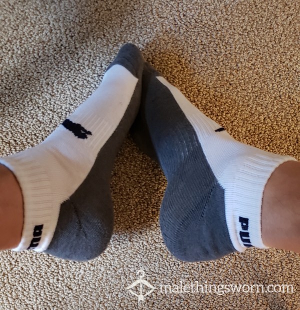 PUMA Sports Socks, White+grey Ankle Socks, Worn Once