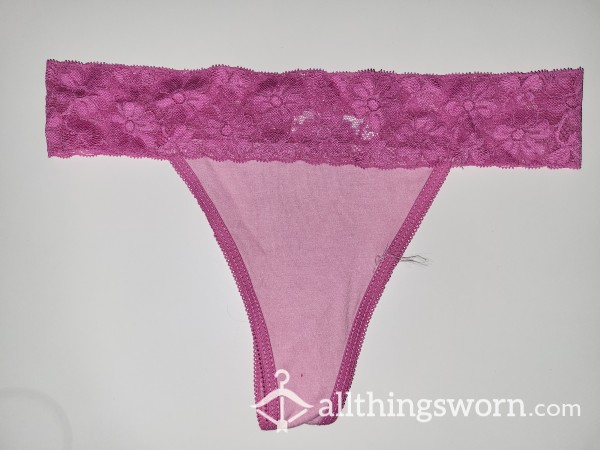 Pink Cotton Thong W/ Lace Waistband