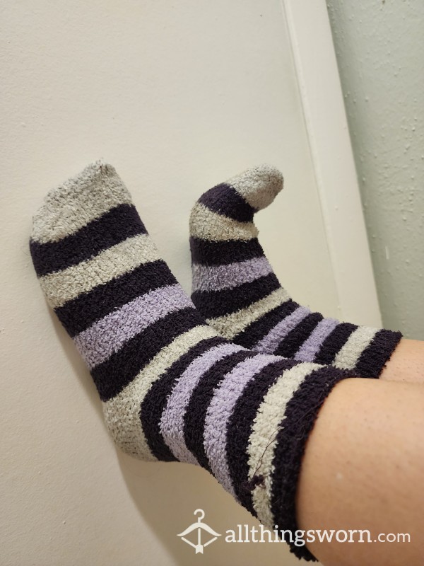 Purple And White Fuzzy Socks