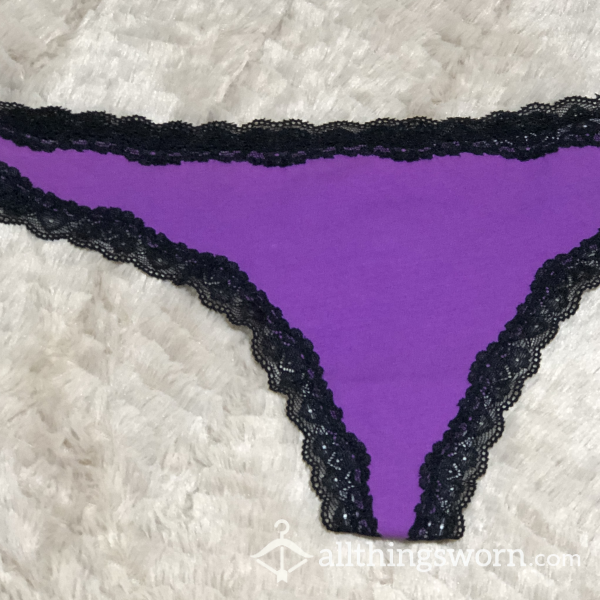 Purple Cotton Thong With Black Lace Trim