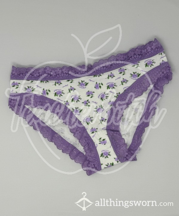 Purple Ditsy Floral Lace Trim Panties (M)