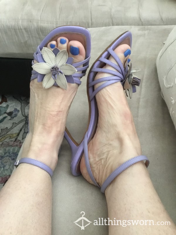 Purple Flowers Leather Strappy Heeled Sandal