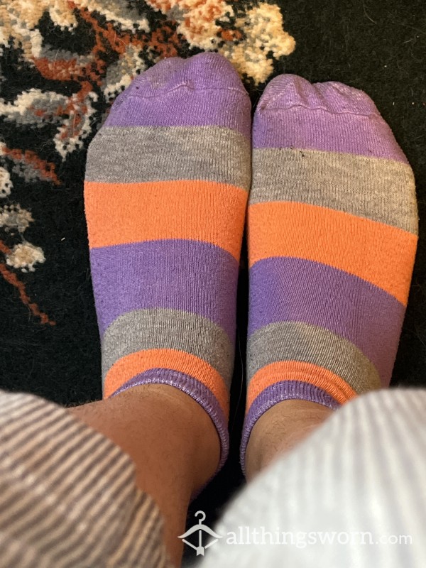 Purple, Grey And Orange Striped Ankle Socks