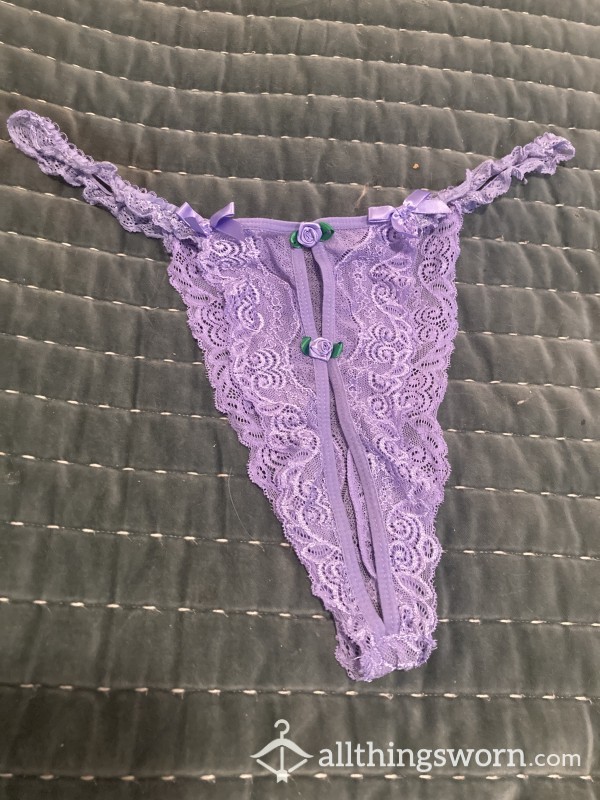 Purple Lace Thong With Roses