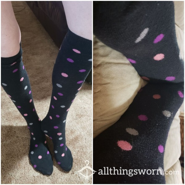 Purple, Pink, Grey Polka Dot Black Knee High Socks