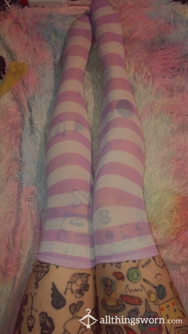 Purple Striped Thigh High Socks