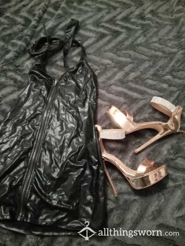 Pvc Black Slut Dress And Gold High Heel Stiletto Shoes Feet