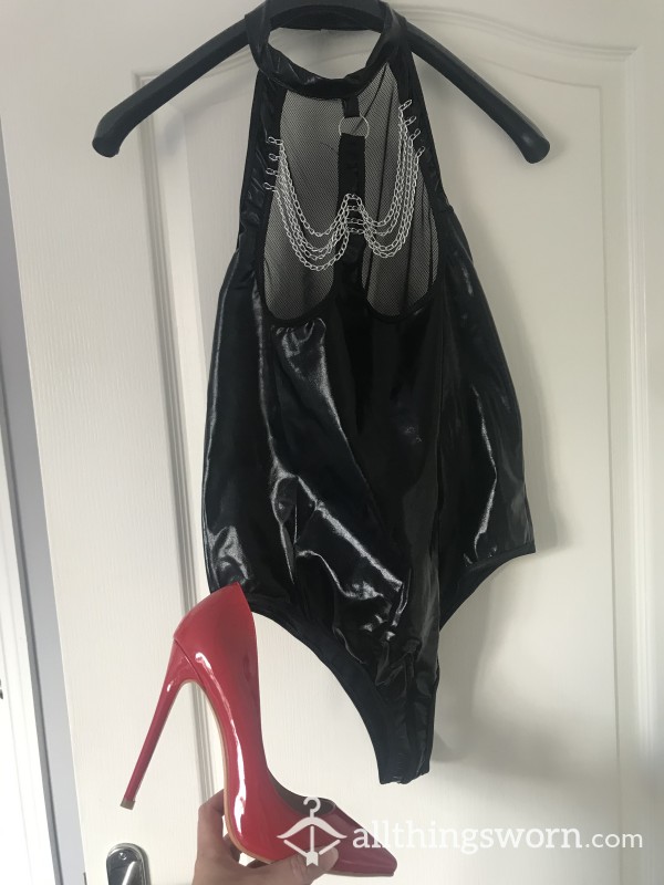 PVC Body Suit With Fish Net Boobs And Red Patient Leather Stilettos