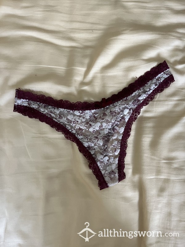 READY TO SHIP 24hr Lace Cream And Burgundy Thong