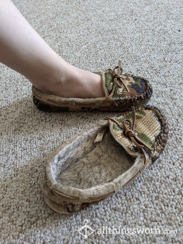 Really Old, Gross Slippers. Owned Since Middle School. Worn Down Fluff, Full Of Pet Hair