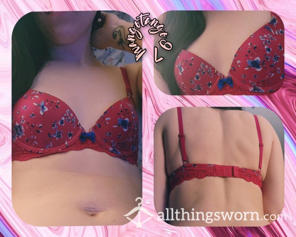 💋Red Adore Me Bra  W/Cute White And Blue Flowers💋