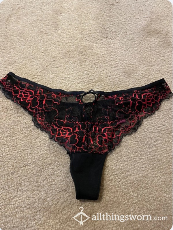 Red And Black Silky Lace Thong