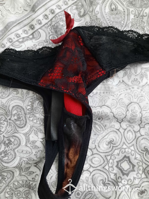 Red And Black Wet Creamy Lacey Thong
