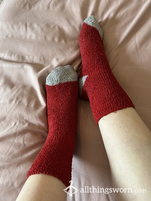 Red And Grey Fluffy Socks