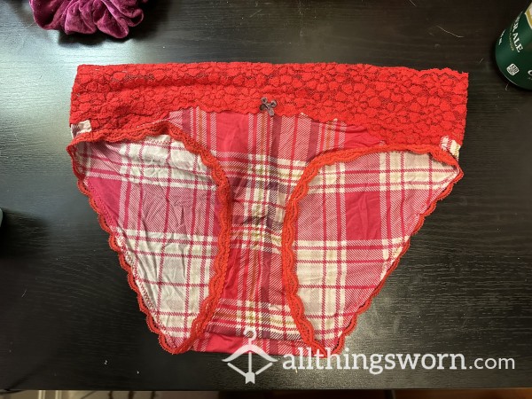 Well Worn VS Red And White Silk With Lace Top Plaid Panties Full Coverage