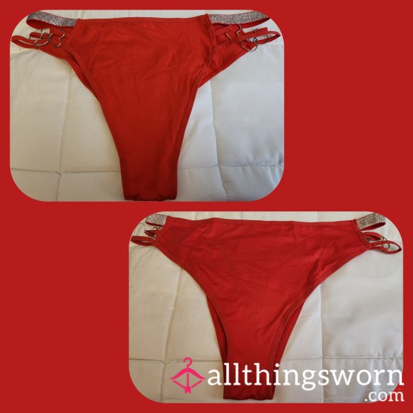 RED BIKINI PANTY WITH SILVER METAL HEARTS ON SIDE